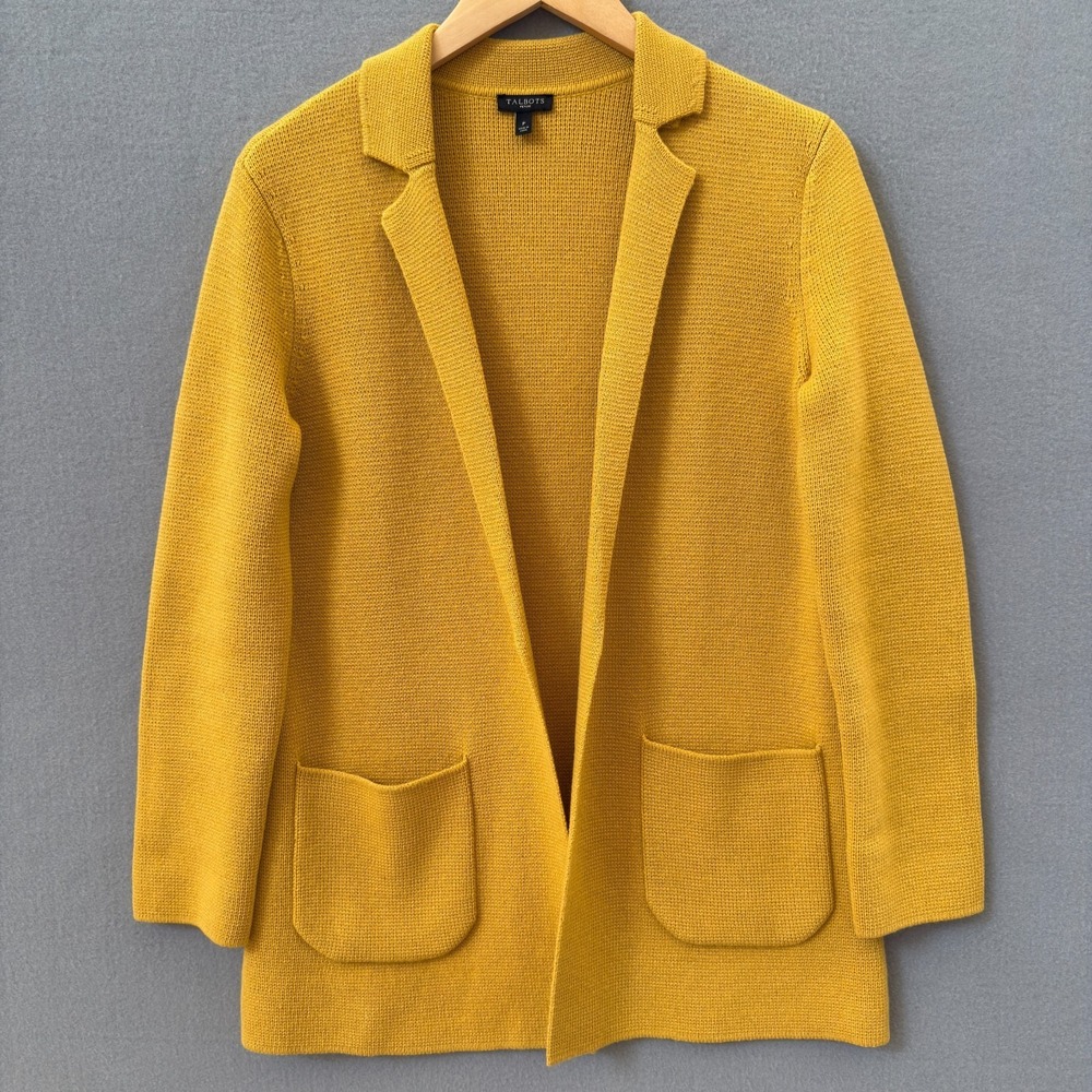 Talbots Mustard Yellow Wool Blend Open Front Knit Cardigan Blazer Women's Petite